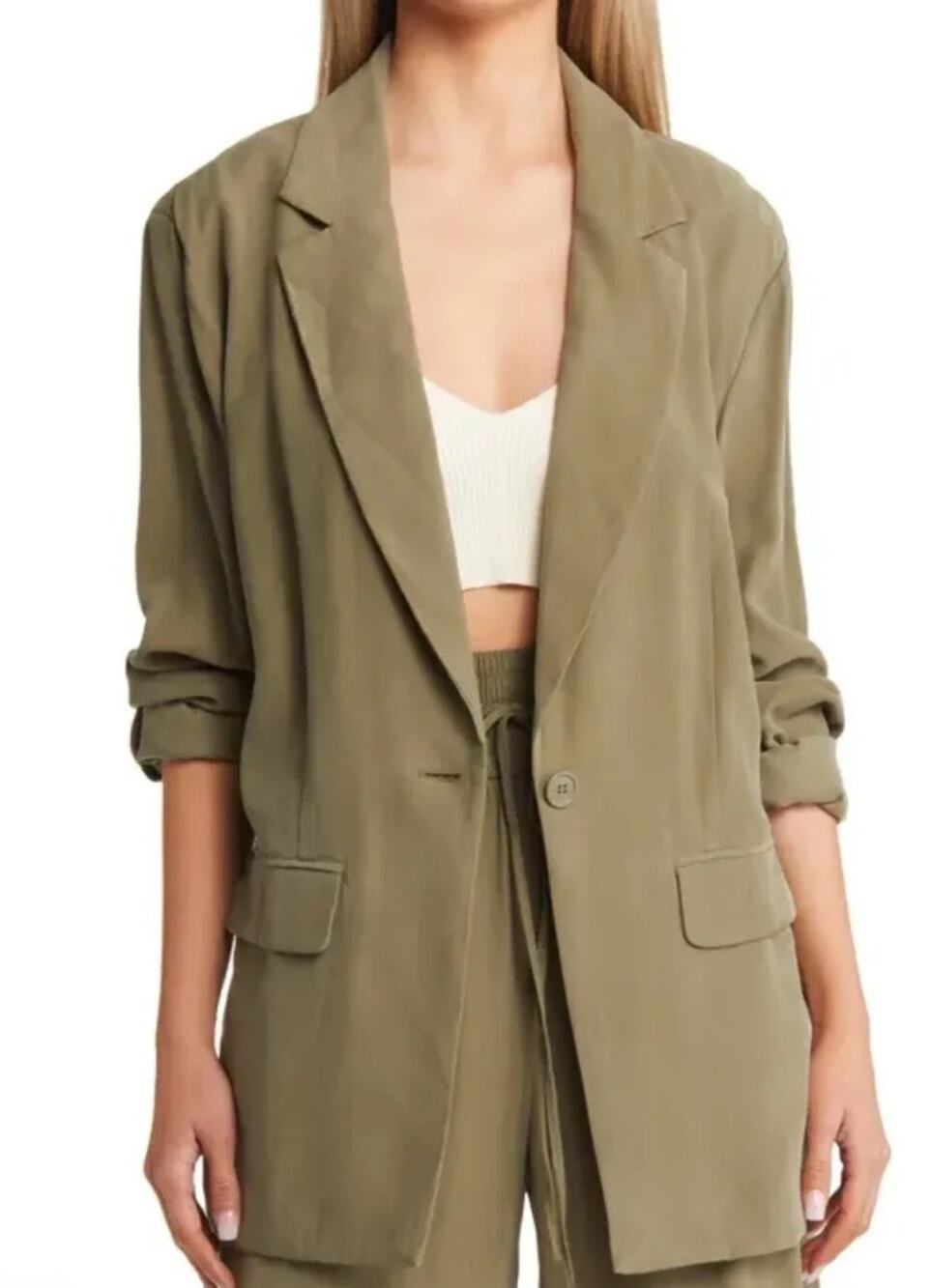 Open Edit Relaxed Fit Olive Green Single Button Blazer Size US S